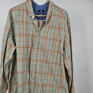 George Men’s 2XL Green Brown Checked Classic Fit Button Shirt Casual Plaid